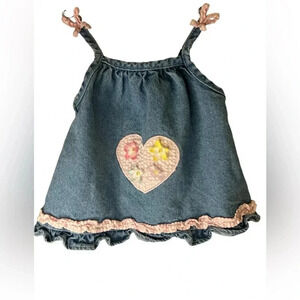 Vintage cradle togs denim  dress 18M gingham heart flower appliqué ruffle girls